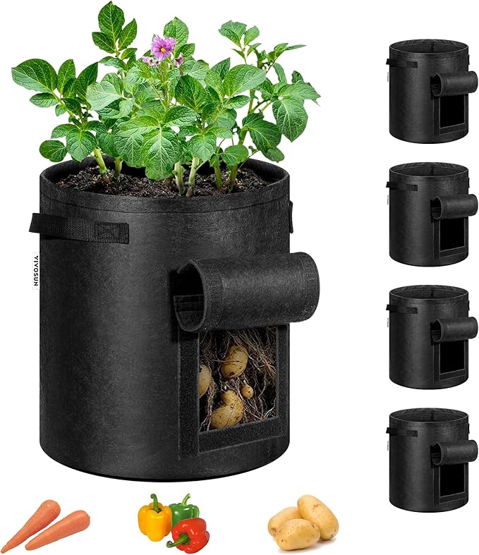 VIVOSUN 5-Pack 7 Gallon Potato Grow Bags, Fabric Pots With Handle and Roll-up Window, Planter Containers for Growing Potatoes, Black
