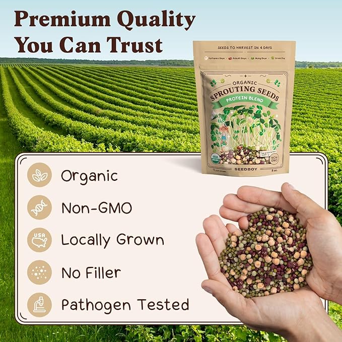 Seedboy Organic Non-GMO Sprouting Seeds, Protein Blend – USA Grown Microgreens Mix with Garbanzo, Mung Bean, Adzuki Beans, Green Pea - 8 oz Bag Makes 2 Quarts / 12 Servings (Protein Blend)
