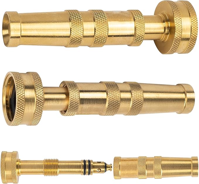 Hourleey Adjustable Twist Hose Nozzle, 4" Heavy-Duty Brass 3/4" GHT Hose Nozzle with 2 Garden Hose Rubber Washers (1 Pack)