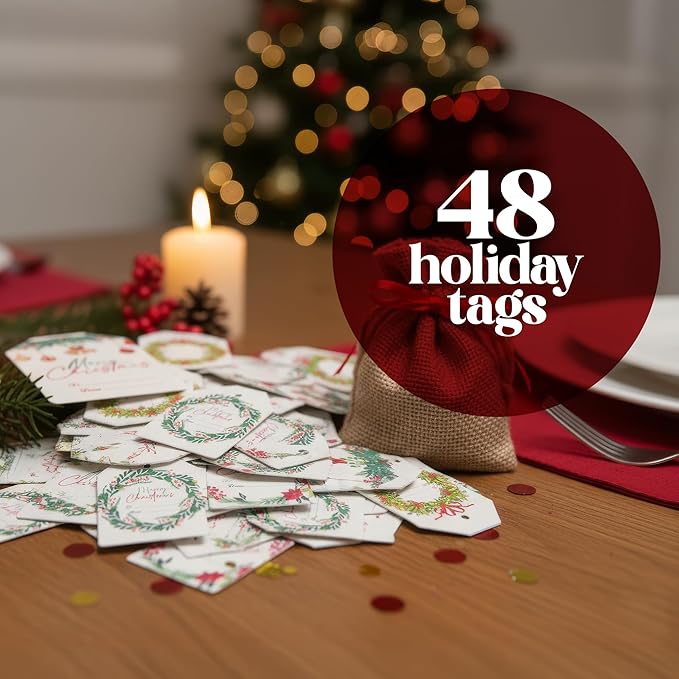 Christmas Plantable Gift Tags with Wildflower Seeds – Writable, Plantable Merry Christmas Tags, 4 Festive & Ornament Designs, Perfect for Holiday Gifts, Family & Friends (48 Tags (12 per Design)
