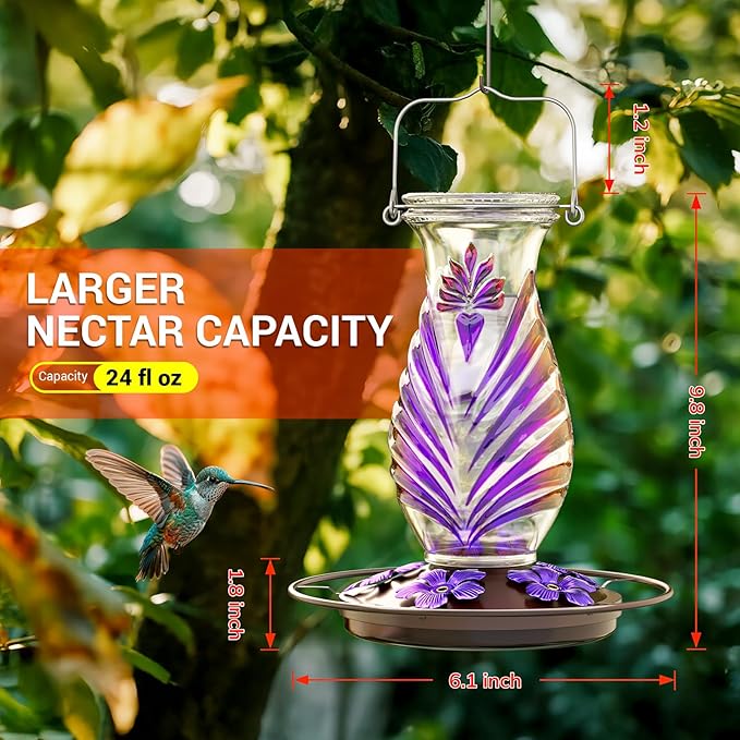 Hummingbird Feeder for Outdoors, 24oz Glass Nectar Feeder with Perch & 5 Flower Feeding Ports, Leakproof Hanging Bird Feeder for Garden Yard Decor, Outside Gifts for Women & Mom, Lavender