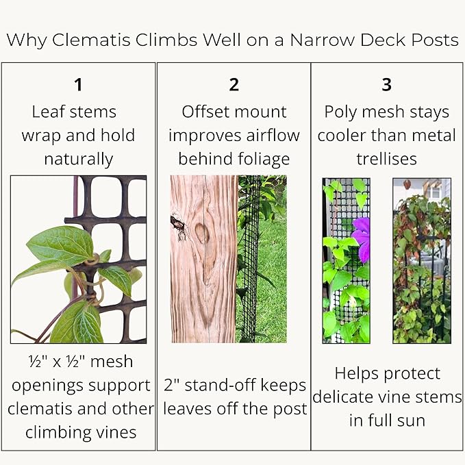 Deck Post Trellis for Posts and Columns, 108 in x 4 in Narrow Climbing Plant Support, HDPE Mesh Vine Trellis for Clematis and Vines, Scroll Trellis 2-Pack