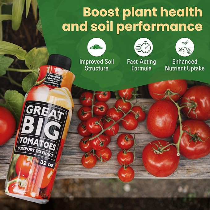 Great Big Tomatoes Soil & Fertilizer Booster for Big Vegetable Yields, Better Fertilizer & Plant Food Efficiency, and Garden Performance. Perfect for Beginners. 32 Ounce Concentrate (Makes 8 Gallons)