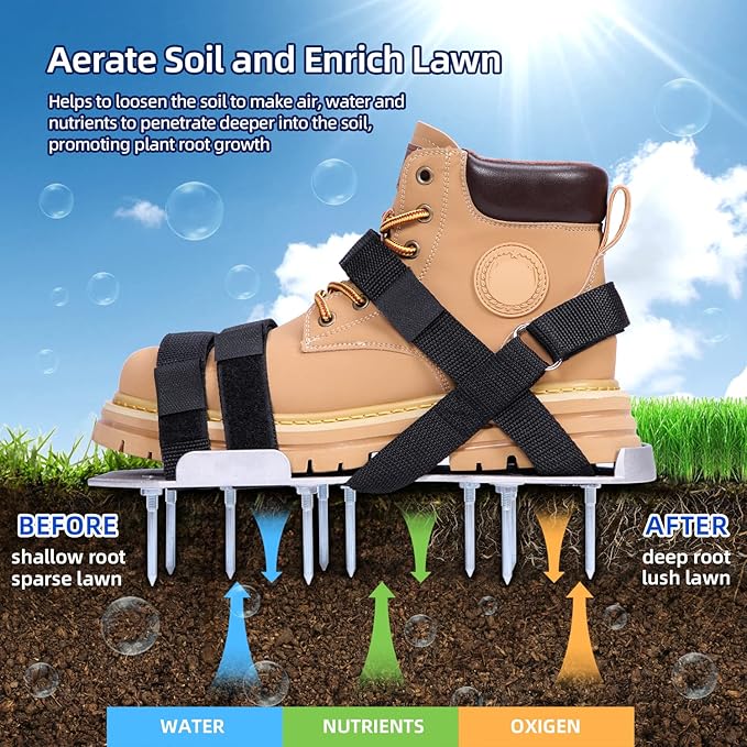 Ohuhu Metal Lawn Aerator Shoes, Upgraded Aluminum Aerating Shoe with 2.2" Durable Spikes, Free-Installation Spiked Sandals with Stainless Steel Shovel for Yard Patio Garden Grass