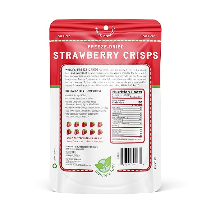 Nature’s Turn Freeze-Dried Strawberry Crisps – Healthy, Gluten-Free, Crispy & Delicious, Plant-Based Snack, Ideal for Cereal, Smoothies, School Lunches, & On-the-Go, Bags of 12 (0.53 oz Each)
