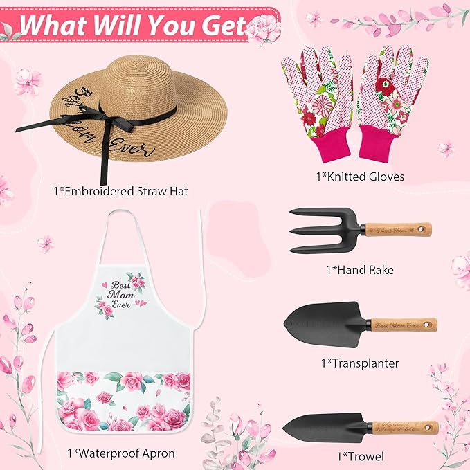 A1diee Mom Garden Tool with Box-Hand Rake Transplanter Apron Trowel Straw Hat Planting Gloves Gardening Set Outdoor Horticulture Starter for Best Mother in Law Plant Lover (Pink)