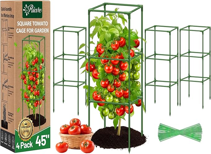 Riare 4 Pack Square Tomato Cages for Garden Plant Support- 45 Inch Heavy Duty Tomato Cage Garden Stakes Tomato Trellis for Climbing Plants Vegetables Flowers Outdoor Indoor