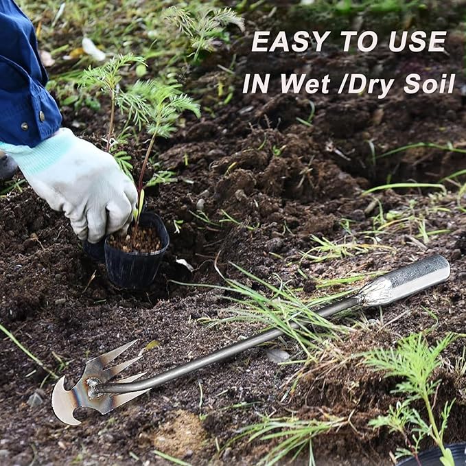 Weed Puller Gardening Hand Weeder Tools,Portable Artifact Uprooting Weeding 6 Teethes Manganese Steel Weed Removal Dual Purpose Manual Hand Pulling Tool for Lawn Garden (Silver)