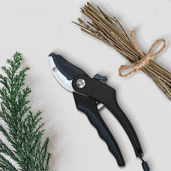 Nevlers 8" Anvil Pruning Shears for Gardening – Garden Shears with Stainless Steel Blades & 8mm Cut Capacity | Hand Pruners for Gardening | Ergonomic Garden Tools | Heavy Duty Scissors w/Safety Lock