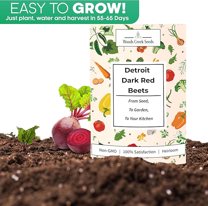 Woods Creek Seeds: Detroit Dark Red Beet Seeds for Planting Outdoors or Indoors - Heirloom Root Vegetable Seeds - Non-GMO Dark Red Beets Seed Pack - Easy to Grow, Sweet Flavor & Edible Greens