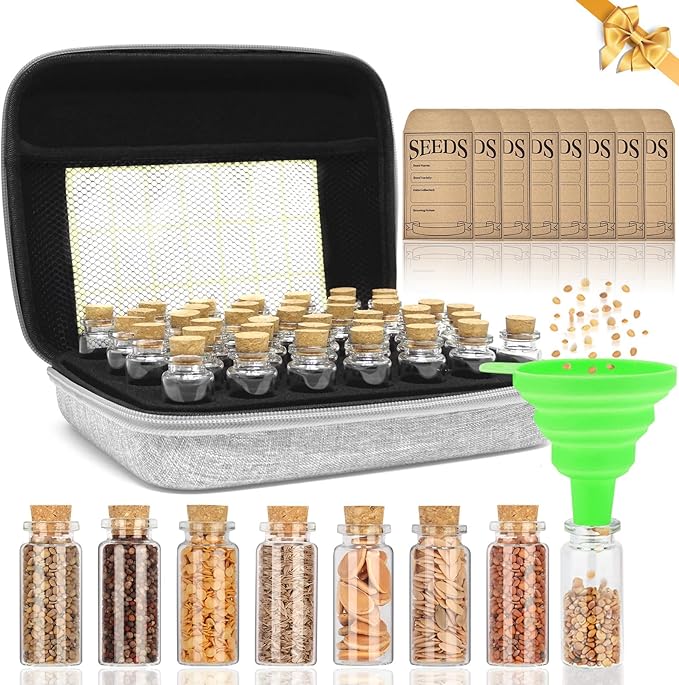 SMUJU 40 Slots Seed Storage Organizer with 20 Seed Envelopes, Sturdy Organizer Storage Box with Label Stickers, Glass Container for Flower Vegetable Garden Seed Saving (Seeds not Included)