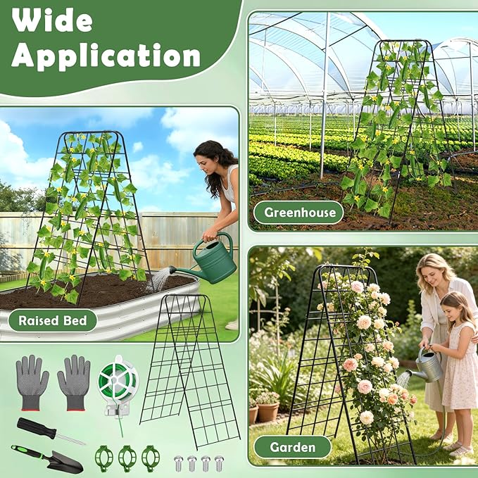 Cucumber Trellis 43.3’’x15.7’’ with Twist Tie and Clips, A-Frame Garden Trellis for Climbing Plants Heavy Duty Metal Plant Support for Cucumber, Grape, Tomato, Pea, Bean, Flower, Raised Bed