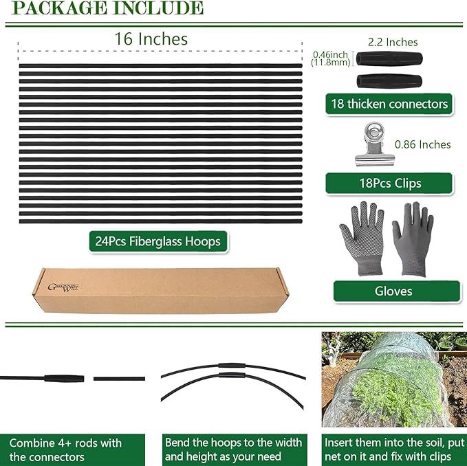 24PCS Garden Hoops Grow Tunnel Kit - 5FT Rust-Free Fiberglass Arches with Plastics Coating (6 Sets) for Raised Beds, Plant Support, Shade Cloth Net, Insect Netting & Row Cover Protection