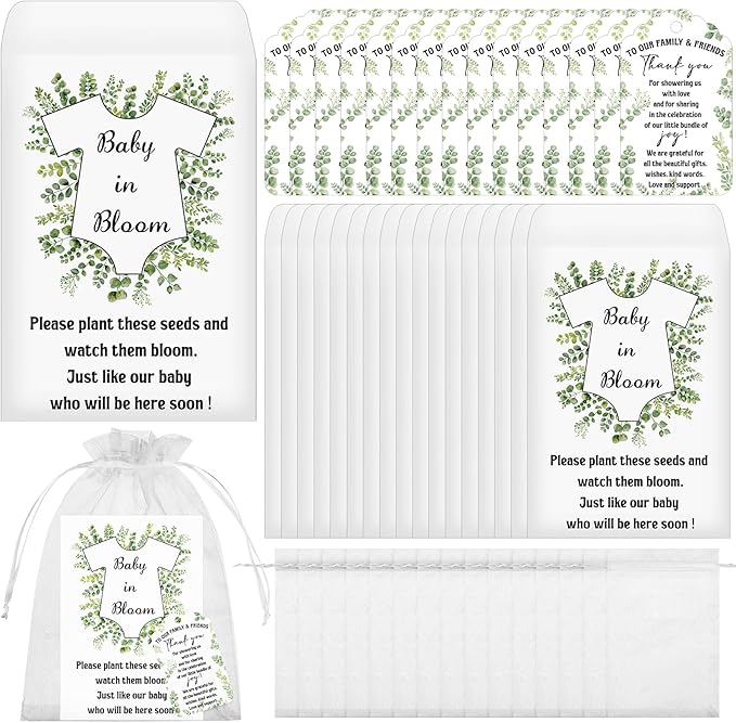 FIONUPI 100 Sets Baby Shower Party Favors Seed Packets Wildflower Kraft Self Adhesive Seed Envelopes Thank You Tags Organza Bag Boys Girls Gender Reveal Gifts for Guest Baby in Bloom Decor(No Seeds)