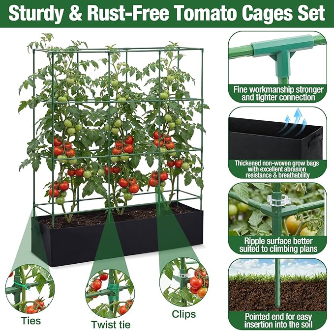 BreezeHug Garden Tomato Cages with 46 Gallon Grow Bags, 66" Height Adjustable Square Plant Support Trellis Large Steel Plant Tower Stakes for Climbing Vegetables Cucumber Squash Pea Flowers Fruits