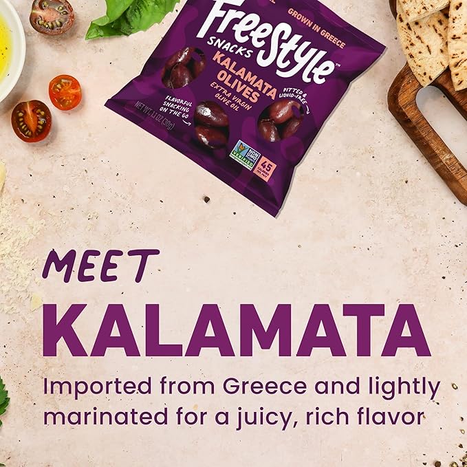 Freestyle Snacks Olive Snack Packs - As Seen on Shark Tank - Single Serve - Fresh Pitted Kalamata Olives, Grown in Greece, All Natural, Non-GMO, Sugar-Free, Salty Snack - Kalamata, 1.1oz (6 Pack)