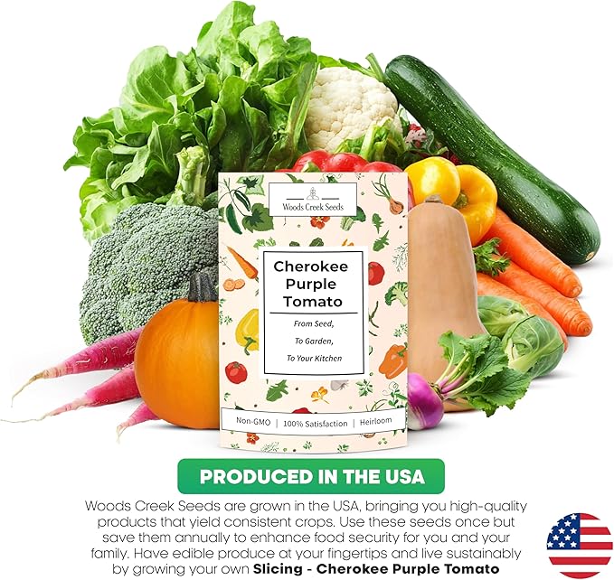 Woods Creek Seeds: Cherokee Purple Tomato Seeds for Planting - Heirloom Tomato Seeds for Planting Outdoors, Indoors, Patio or Home Plant Garden - Non-GMO Seed Pack of Indeterminate Slicing Tomatoes