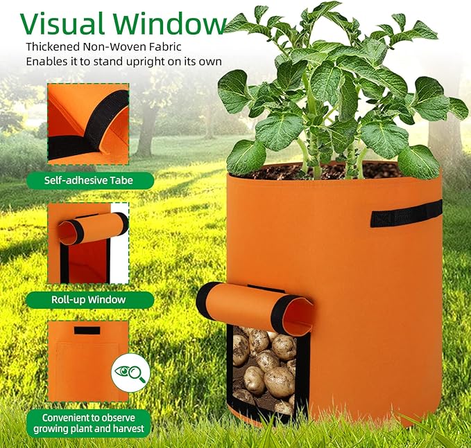 6-Pack 10 Gallon Grow Bags, Thickened Nonwoven Fabric Gallon Pots, Potato Growing Bags, Garden Fabric Grow Bags with Flap and Handles, Vegetable Grow Pots 6 Pack
