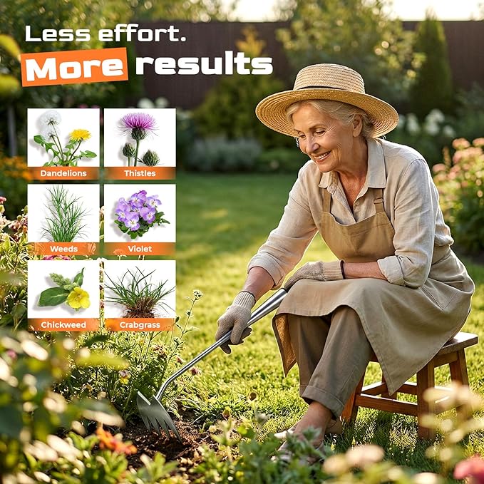 Upgraded Weed Puller Tool, 4-Tooth Stainless Steel Manual Weeder, Garden Weed Remover Tool for Vegetable Gardening Backyard Farm Planting & Weeding