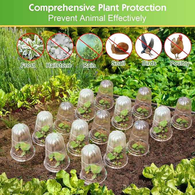 10 Pcs Upgraded Transparent Garden Cloches for Plants, Reusable Plant Covers, Plant Protectors from Animals for Garden Plants, Plant Covers Freeze Protection, Compatible with Slug Collar