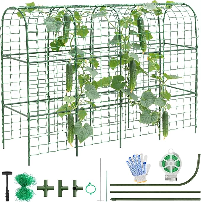 Housolution Cucumber Trellis for Raised Bed, 67"×48" U-Shape Garden Trellis for Climbing Plants Outdoors with 2×3m Net for Tomato Squash Zucchini Peas Beans Grape Fruit Flowers, Green