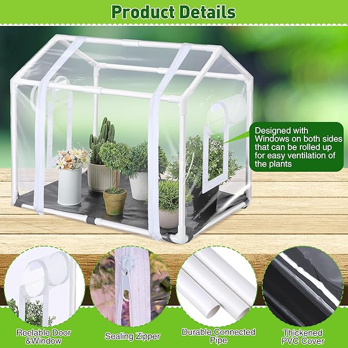 Mini Greenhouse with Potting Mat for Indoor Plant, Heavy Duty Portable Green House with Waterproof Pot Pad for Small Plants, Clear Small Plant Tent for Seed Humidity(White)