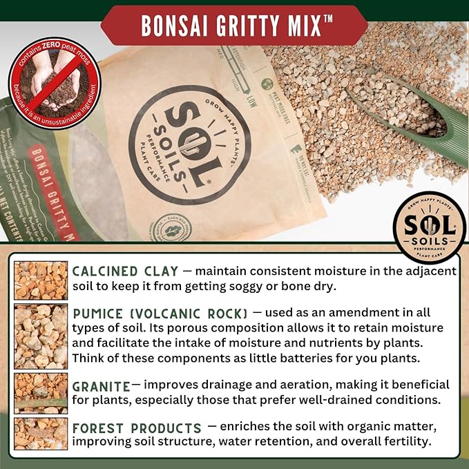 Sol Soils Bonsai Soil Potting Mix - Gritty, Fast Draining, Peat Moss Free - 2 Quarts - Pine Bark, Granite, Pumice, Calcined Clay