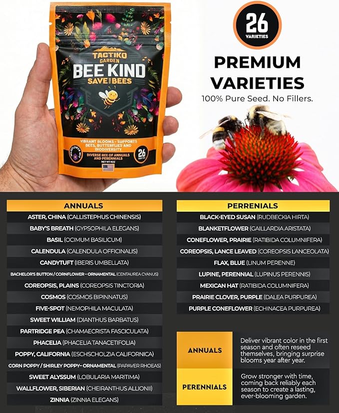 Tactiko Garden 26 Wildflower Seeds Mix, 120,000+ 4 oz Save The Bees Wildflower Garden Seeds, Annual & Perennial Pollinator Seeds to Attract Bees, Butterflies & Hummingbirds, Up to 600 sq ft Coverage
