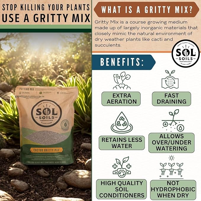 Sol Soils Cactus Gritty Potting Mix - Fast Draining, Peat Moss Free - 1 Gallon - Coconut Husk, Granite, Clay, Pumice
