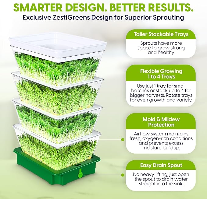 2026 Upgraded 4-Tier Stackable Seed Sprouter with Air Holes & Easy Sink-Draining Spout Tray – Soil-Free Sprouting System for Broccoli, Alfalfa & Bean Sprouts.