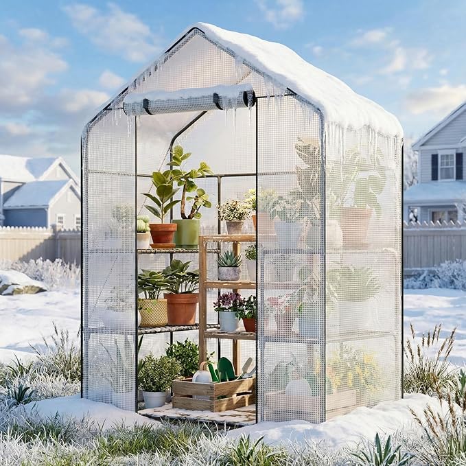 Superlele Walk-in Greenhouse for Outdoor, 56x29x77 Inch Portable Garden Green House with 6 Tiers (3 Tiers Each Side), Reinforced White PE Mesh Cover, 4 Ground Stakes for Stability, Zippered Door