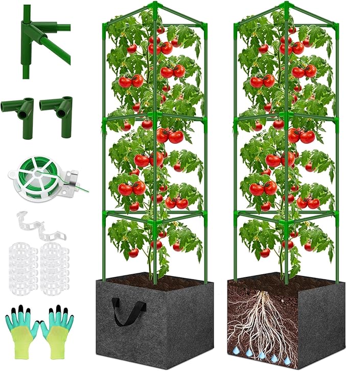 Tomato Cages for Garden with Grow Bags, 2 Pack Tomato Cage Trellis, Garden Cage Heavy Duty Tomato Stake Support, Plant Cage for Pots Plants Vegetable