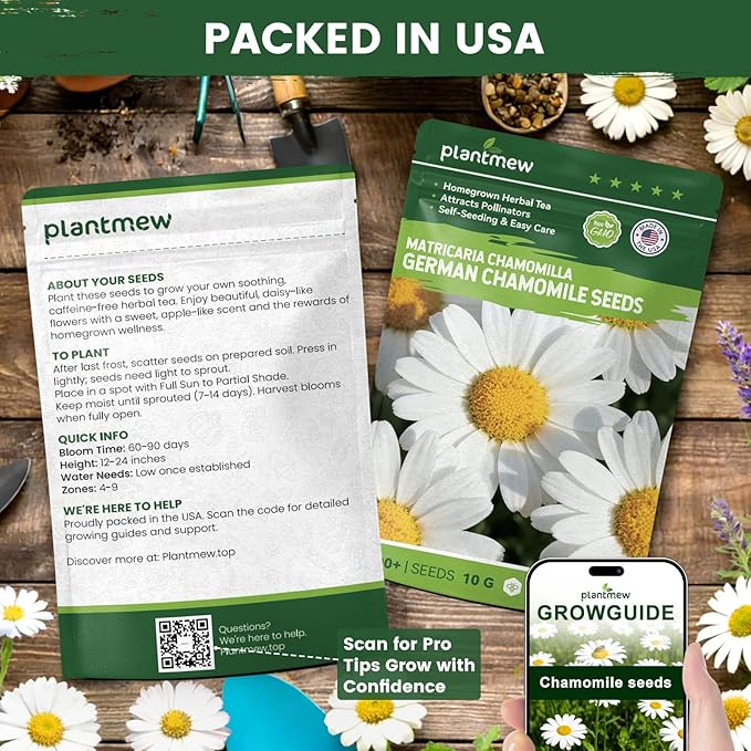 German Chamomile Seeds for Planting - 10,000+ Non-GMO Heirloom Seeds (Matricaria chamomilla), Homegrown Herbal Tea, Attracts Pollinators, Self-Seeding, USDA Zones 4-9, Medicinal Herb