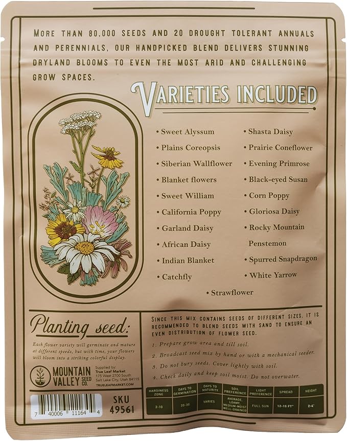Wildflower Seeds - Drought-Tolerant Mix, 2 oz (80,000+ Seeds) – 20 Non-GMO Varieties – Dryland Wildflower Blend for Pollinators and Low-Water Gardens