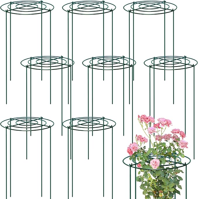 8 Sets Peony Support Cage,12"Diax24"High Heavy Duty Metal Plant Support,Grow Through Hoops Grids with 4 Thickened 4mm Legs,Strong Support Brace for Heavy Blossoms,Flower Support Ring for Peonies,Rose