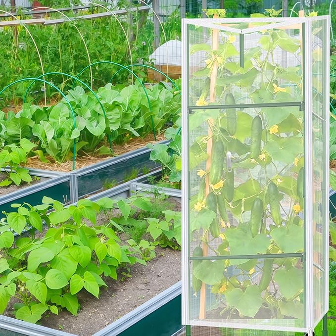 1 Pack Square Tomato Cage with Plant Cover Net 47'' Tall Plant Support Structures for Vegetables Large Climbing Plants Trellis Stakes for Garden, Pots, Raised Garden Bed Outdoor Supplies
