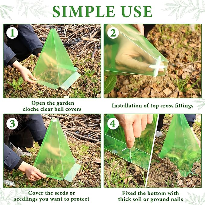 Garden Cloches for Plants, 50 Pieces Reusable Plastic Plant Seedling Protector with 100pcs Metal Stakes, Green Transparent Bell Jar Cloches to Protect Plants from Birds, Slugs, Sun, Freeze Weather