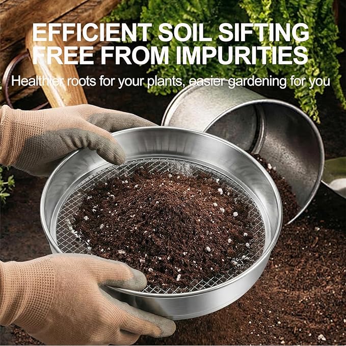 11.8 Inch Garden Soil Sifter Set Dirt Sifter with Interchangeable Screens,Multi-Functional Rock Sifter for Gardening Compost Bonsai and Sand Separation (Silver)