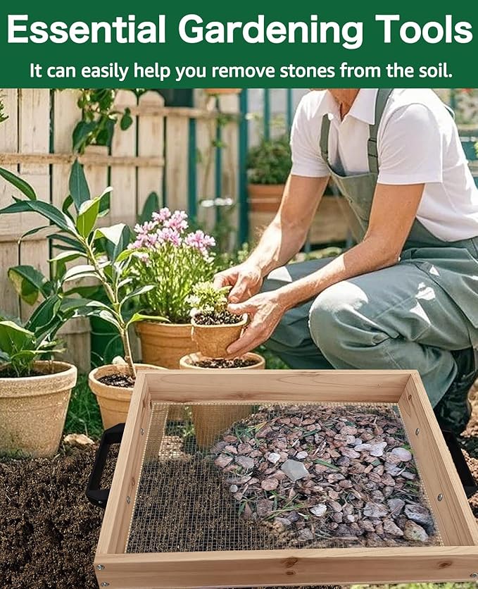 19" x 16" Large Soil Sifter for Gardening, Wooden Compost Sifter, Dirt Sifter, Rock Sifter, Soil Sieve with 1/4in Sifting Screen, Sifting Peat Moss Gravel for Wheelbarrow Trowel Tool Set