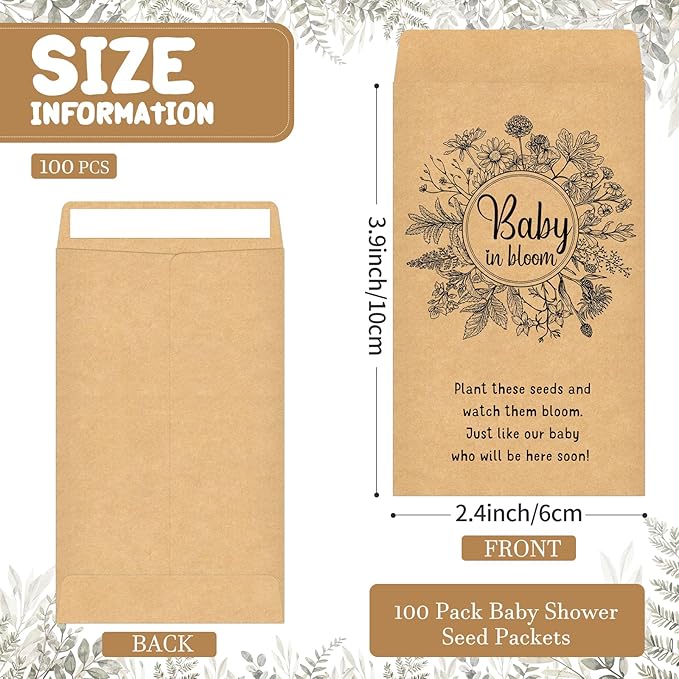 Maitys 100 Pcs Baby Shower Seed Packets Favors for Guests Baby in Bloom Wooden Sign Self Adhesive Envelopes Packet Storage Decor, No Seeds(Retro Wildflower)