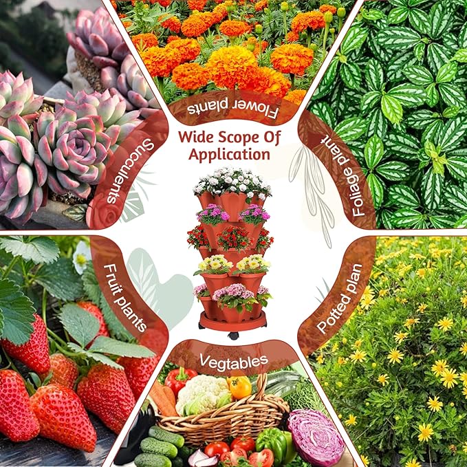 7 Tier Vertical Strawberry Planter-Tower Stackable Herb Planter Stacking Garden Planters Pot Outdoor with Tools Mover for Growing Flowers, Vegetables and Succulents, Red