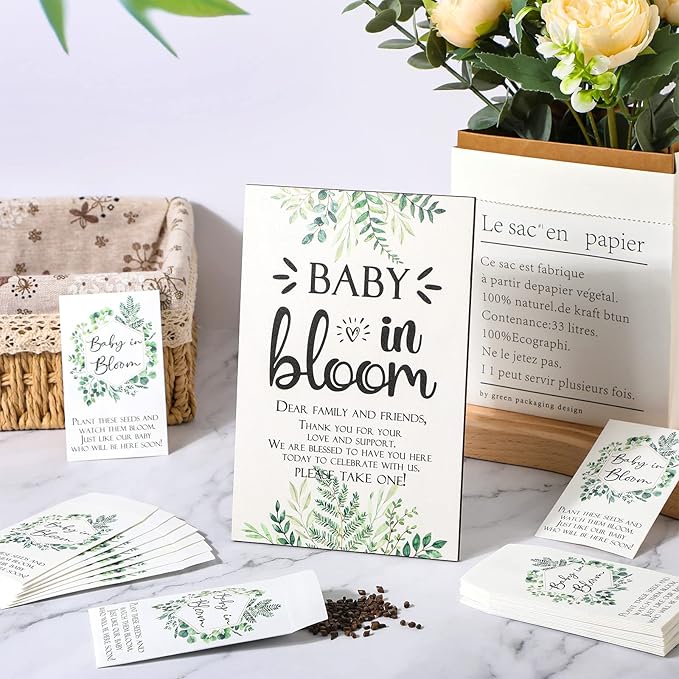 Maitys 100 Pcs Baby Shower Seed Packets Favors for Guests Baby in Bloom Wooden Sign Self Adhesive Envelopes Packet Storage Decor, No Seeds(Green Leaf)