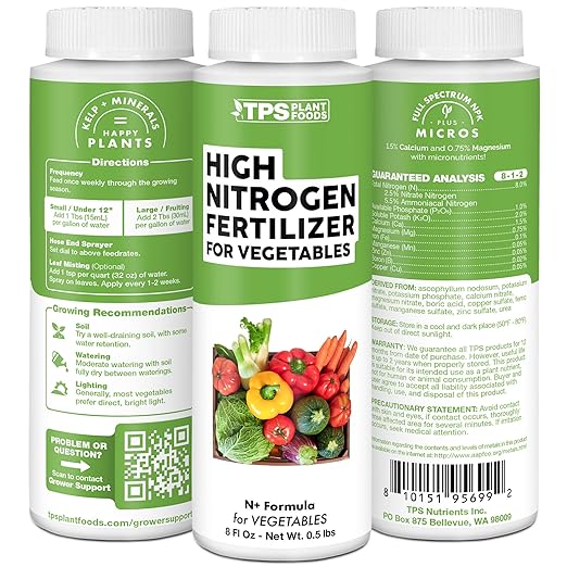 High Nitrogen Fertilizer for Vegetables – Liquid Plant Food for Vigorous Leafy Growth, Strong Stems & Higher Garden Productivity, 8 oz