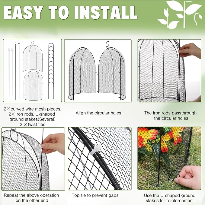 Novabright 2 Pack Garden Cloches for Plants 12" x 16" with Stakes & Zip Ties, Plant Covers from Animals Large Metal Mesh Chicken Wire Cloche Plant Protector Cage for Vegetable Garden Outdoor (Black)