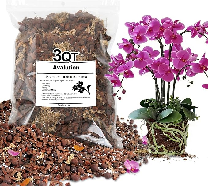 Orchid Bark Potting Mix 3 Quart, Mix Pine Bark, Organic Perlite, Sphagnum Moss and Leca Clay Pebbles for Plants, Orchid Fertilizer Garden Soil for Root Development