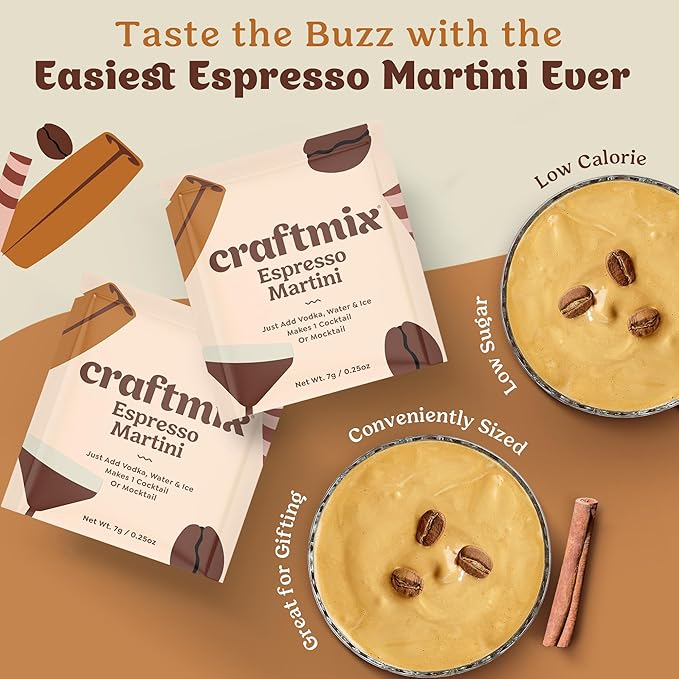 Craftmix Espresso Martini Cocktail & Mocktail Drink Mixer, Skinny Mixes - Water Flavoring Packets - Made With Real Coffee Beans - Vegan, Low-Carb, Low-Sugar, Non-GMO, Dairy Free, Gluten Free, 24 Pack