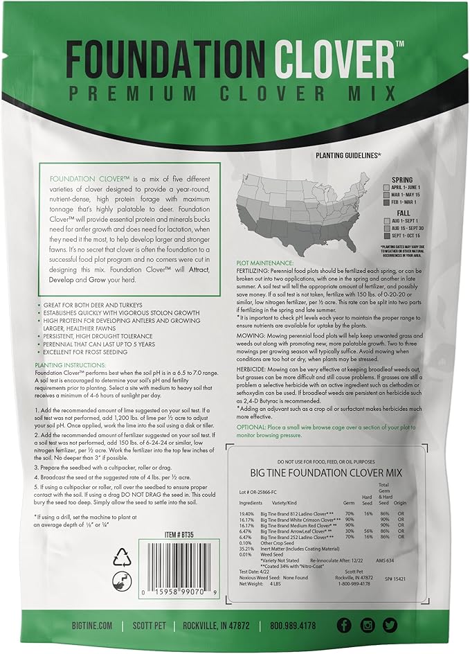 Big Tine Food Plot Mix, Deer Attractant, Foundation Clover, Premium Clover Mix, 4 lbs Bag, Perennial, Great for Food Plots, High Drought Tolerance