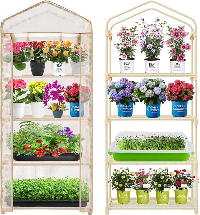 4-Tier Mini Greenhouse – Indoor or Outdoor Gardening Hot House with PE Zippered Cover and Metal Shelves for Growing Vegetables, Flowers and Seedlings 63'' H x 27'' L x 19'' W (PLGH704OWW)