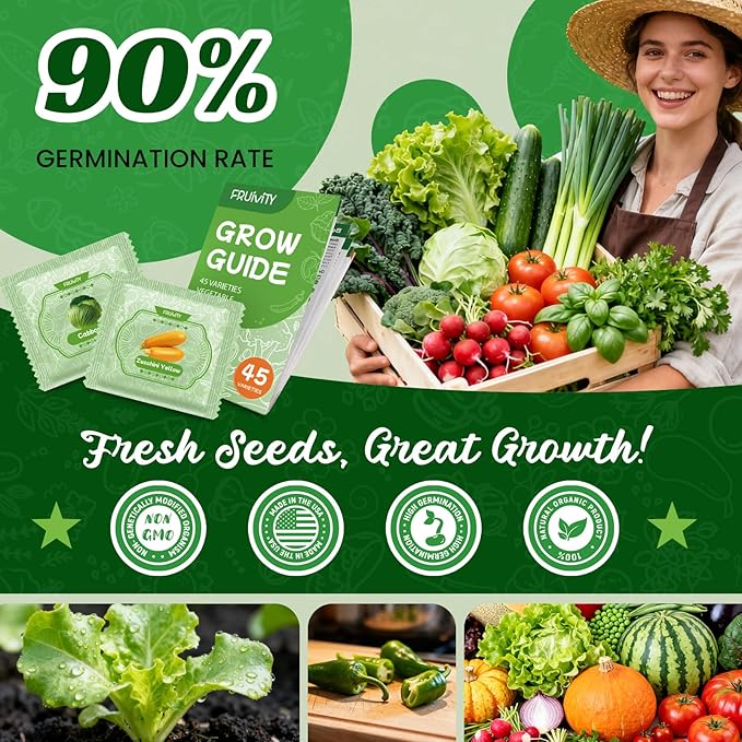45 Vegetable Seeds Variety Pack - 17,000+ Non-GMO Heirloom for Planting Garden Seed Packets, Indoor & Outdoors Gardening -Seed Vault Kit, Friend Gift,Tomato Cabbage Spinach Cucumber Lettuce