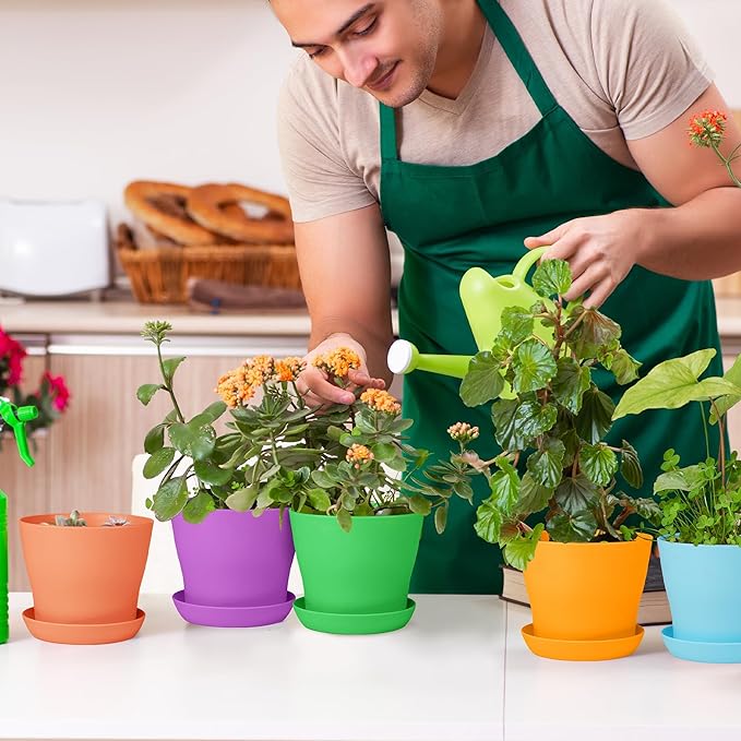 Aodaer 24 Pack 4 Inch Plastic Planters with Multiple Drainage Holes and Tray Indoor Outdoor Flower Plant Nursery Pots with Labels Flower Seedling Pots for Herb Garden Home Succulents, Assorted Colors
